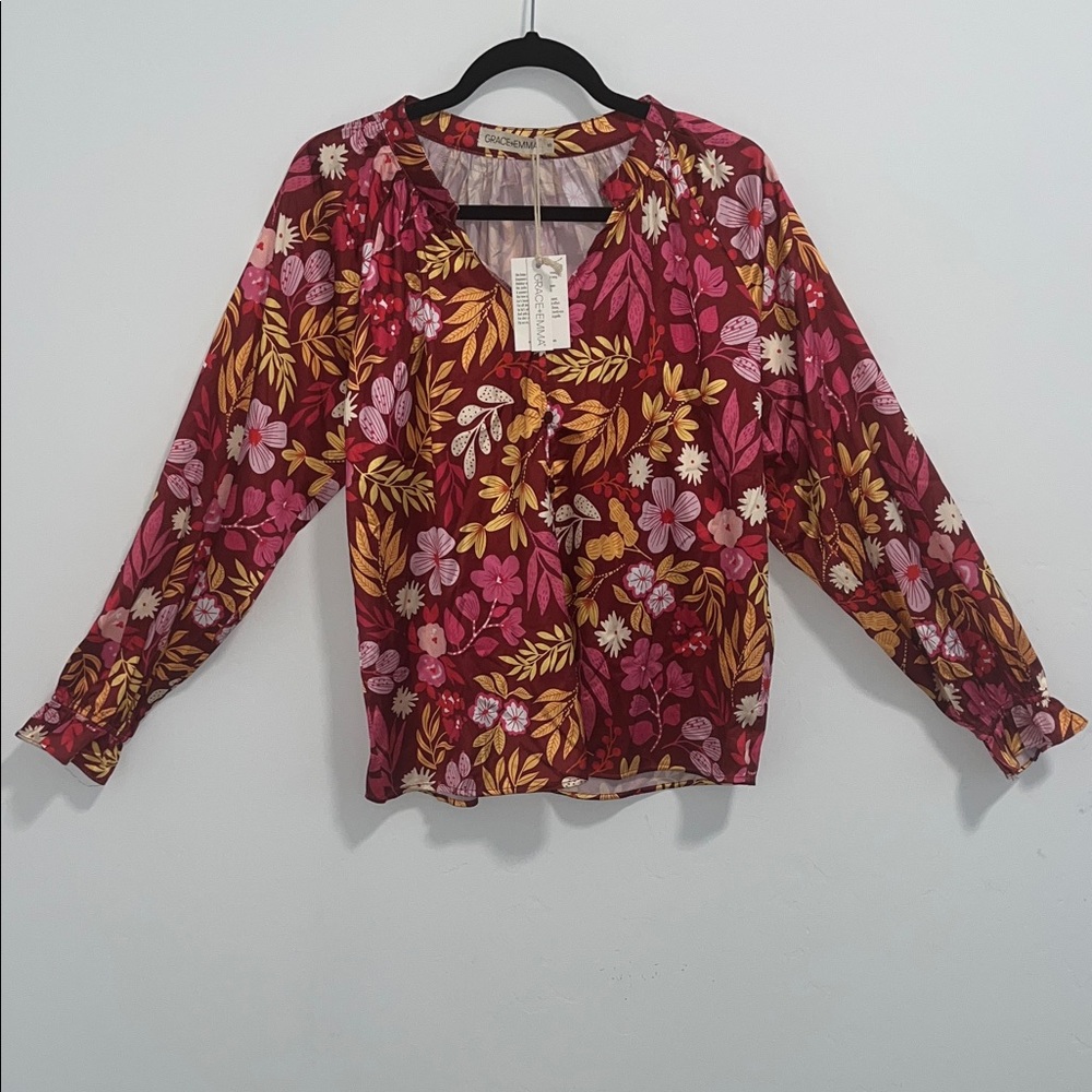 Burgundy Pink Floral Long Sleeve Blouse, Small